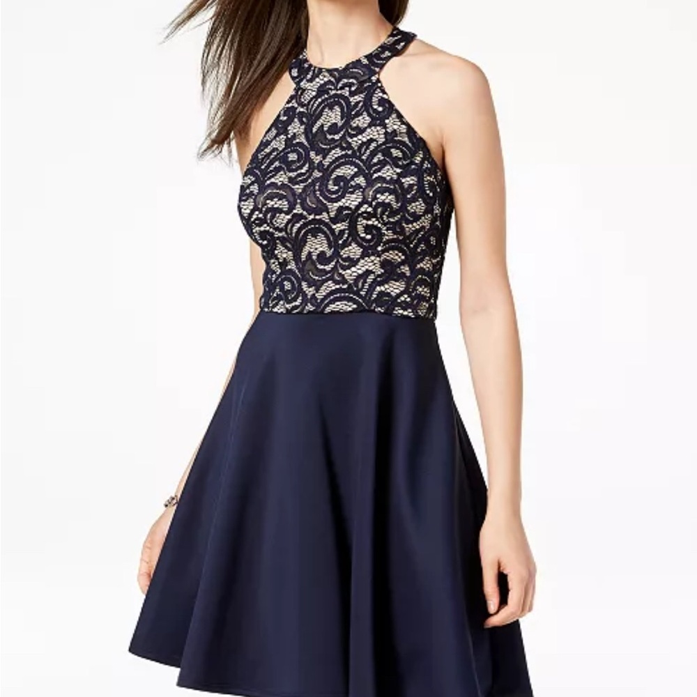 B Darlin Juniors' Strappy Lace Halter Fit & Flare Dress
